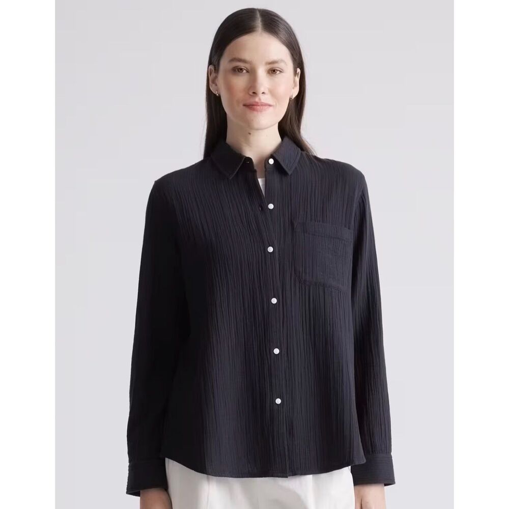 Quince organic cotton gauze long sleeve shirt black size large - Picture 2 of 6